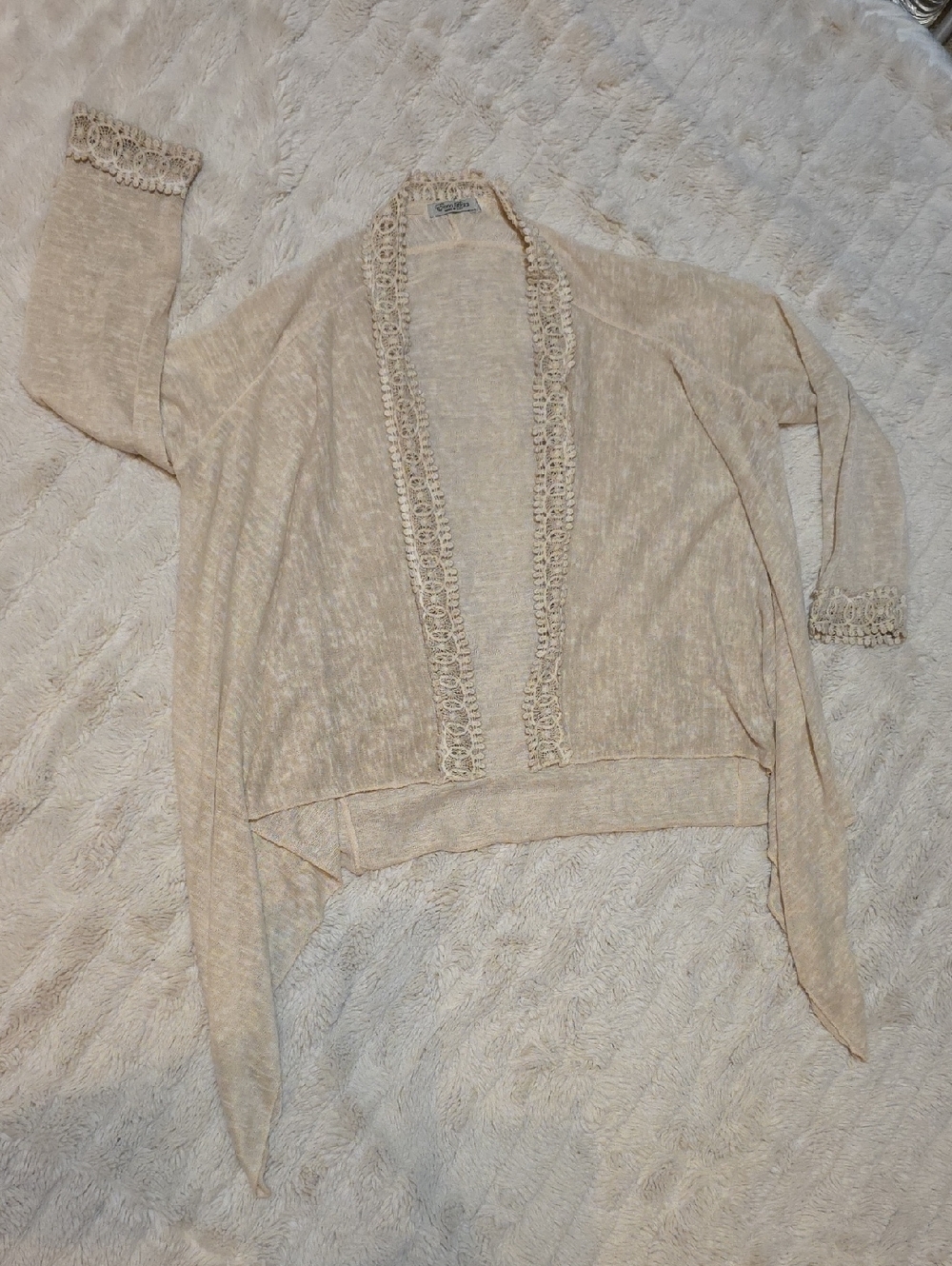 Open-Front Crochet-Trim Cardigan in Light Beige